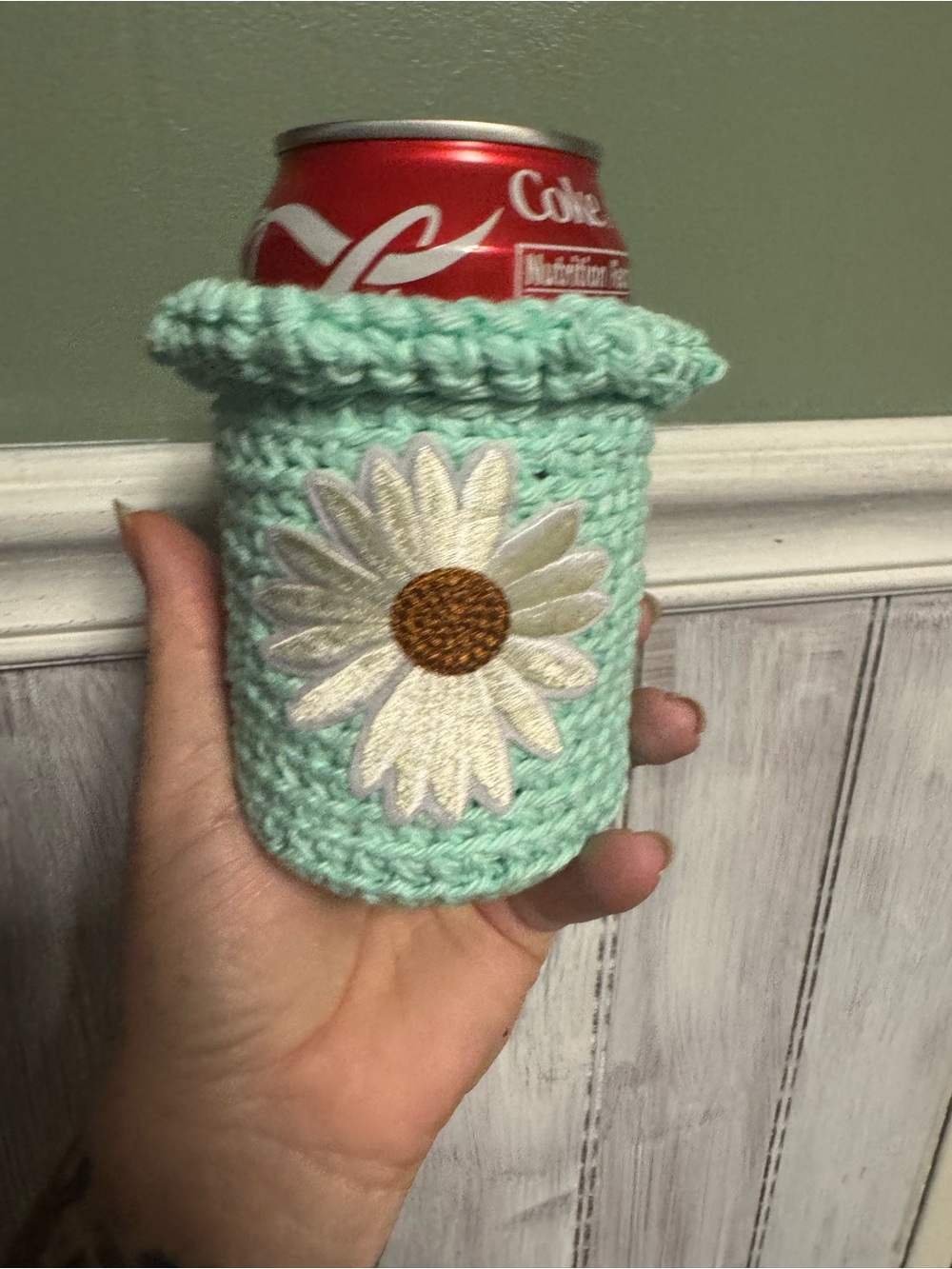 Hand Crafted Mint Green Crochet Daisy Can Cozy
